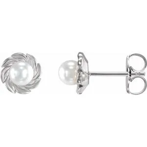 Sterling Silver Cultured White Akoya Pearl Leaf Earrings