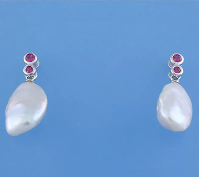 Sterling Silver Earrings with 11-12mm Baroque Shape Freshwater Pearl and Cubic Zirconia