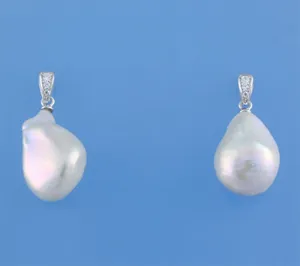 Sterling Silver Earrings with 11.5-12mm Baroque Shape Freshwater Pearl and Cubic Zirconia