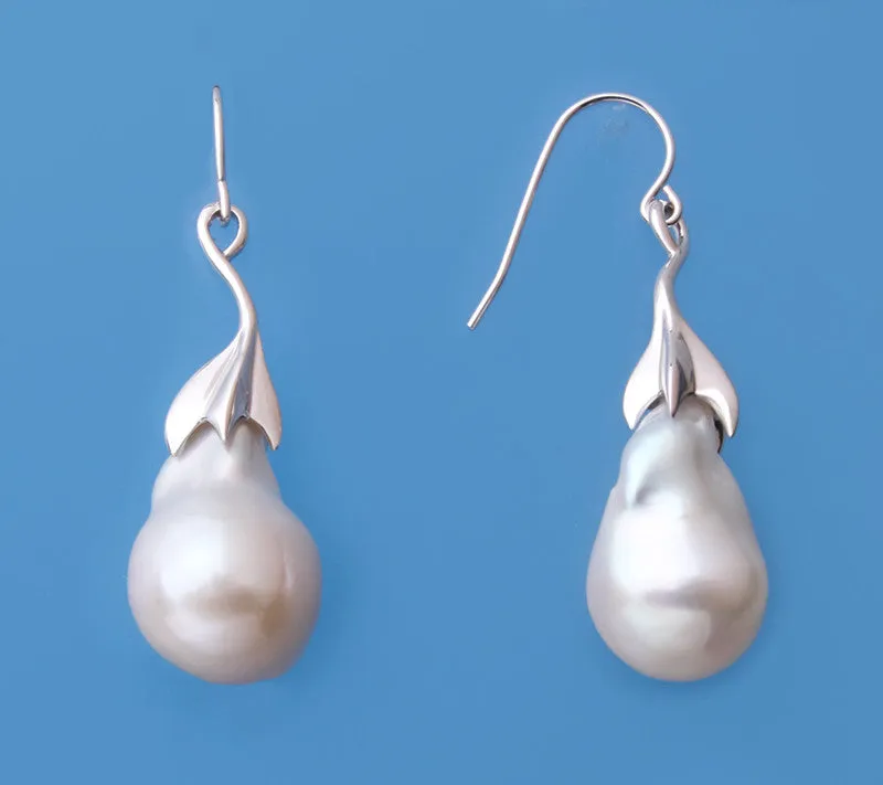 Sterling Silver Earrings with 14-15mm Baroque Shape Freshwater Pearl