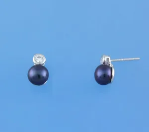 Sterling Silver Earrings with 7-7.5mm Button Shape Freshwater Pearl and Cubic Zirconia