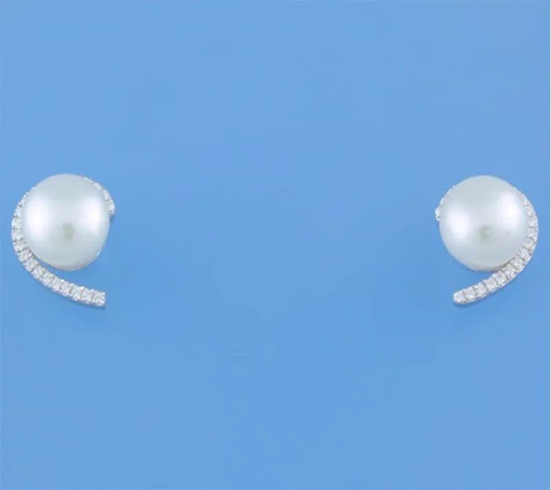 Sterling Silver Earrings with 7.5-8mm Button Shape Freshwater Pearl and Cubic Zirconia