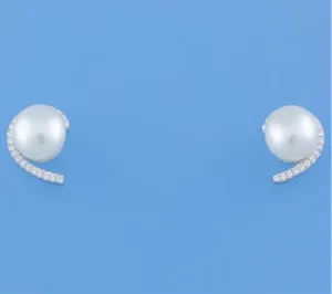 Sterling Silver Earrings with 7.5-8mm Button Shape Freshwater Pearl and Cubic Zirconia