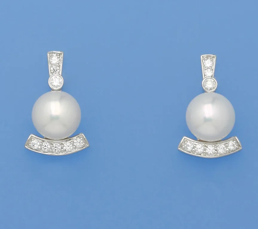 Sterling Silver Earrings with 8-8.5mm Button Shape Freshwater Pearl and Cubic Zirconia