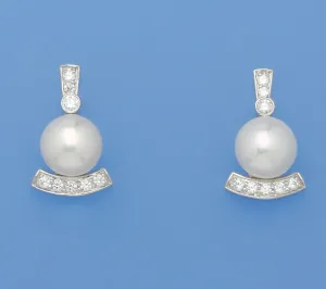 Sterling Silver Earrings with 8-8.5mm Button Shape Freshwater Pearl and Cubic Zirconia