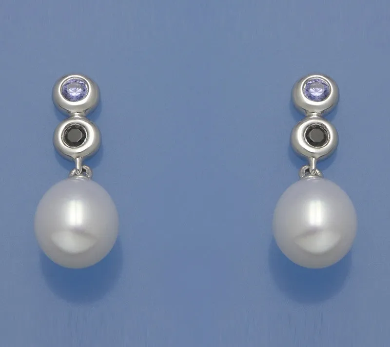 Sterling Silver Earrings with 8-8.5mm Oval Shape Freshwater Pearl and Cubic Zirconia