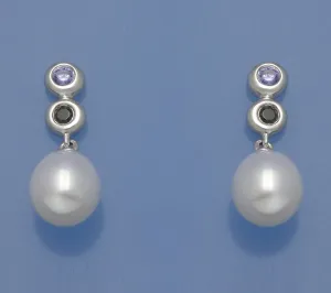 Sterling Silver Earrings with 8-8.5mm Oval Shape Freshwater Pearl and Cubic Zirconia