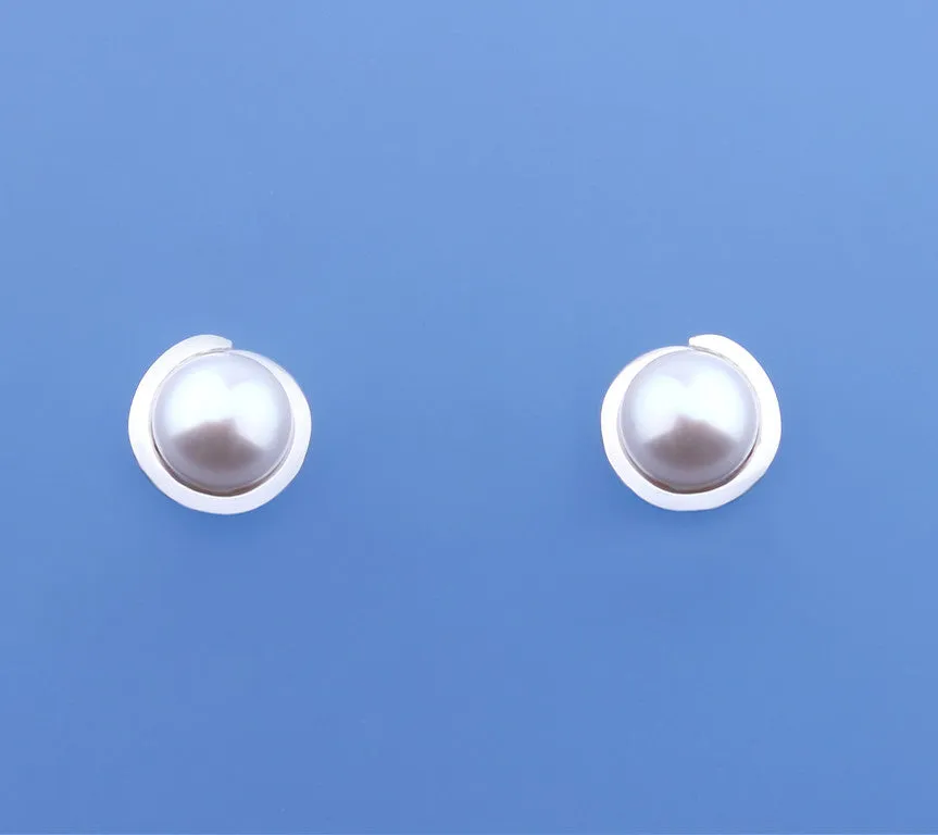 Sterling Silver Earrings with 8.5-9mm Button Shape Freshwater Pearl
