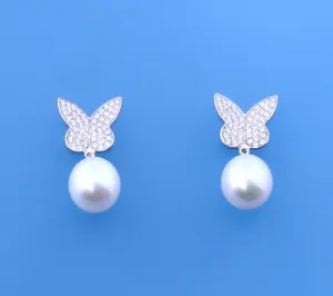 Sterling Silver Earrings with 9-9.5mm Drop Shape Freshwater Pearl and Cubic Zirconia