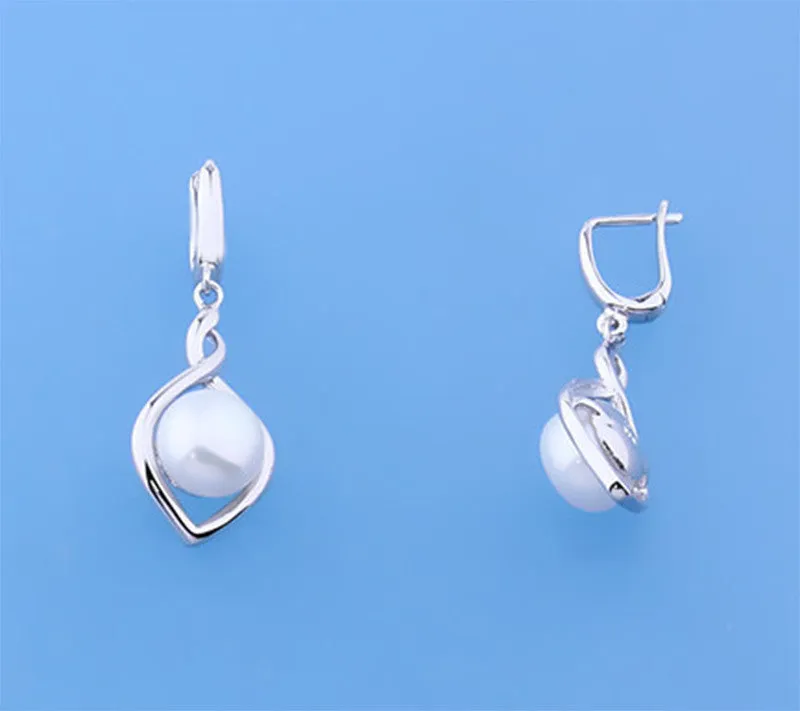 Sterling Silver Earrings with 9.5-10mm Button Shape Freshwater Pearl