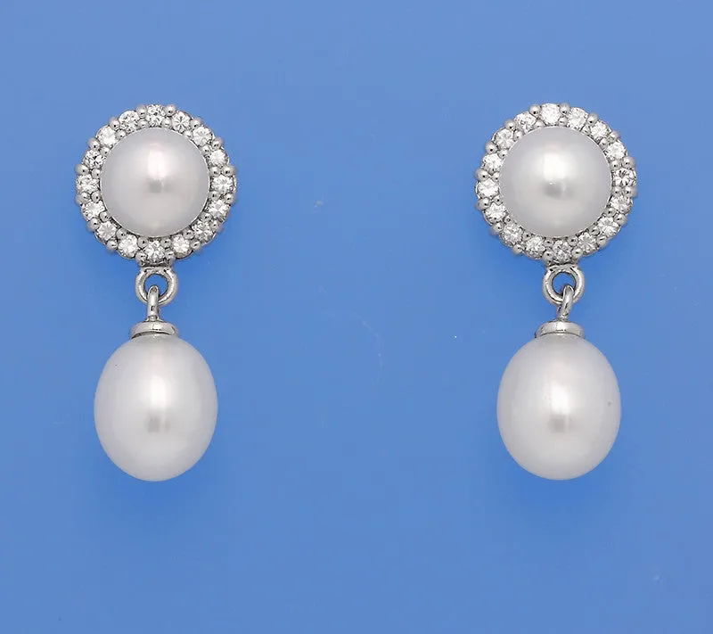 Sterling Silver Earrings with Drop and Button Shape Freshwater Pearl and Cubic Zirconia