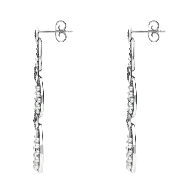 Sterling Silver Pearl and Marcasite Triple Open Oval Drop Earrings