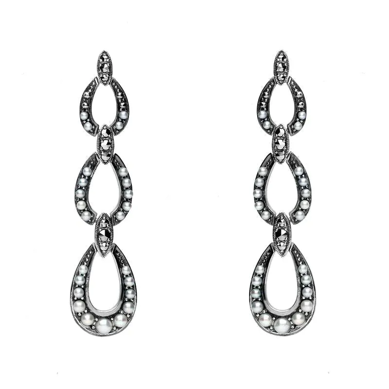 Sterling Silver Pearl and Marcasite Triple Open Oval Drop Earrings