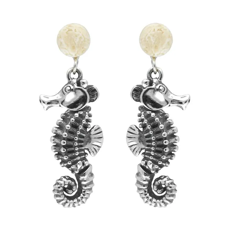 Sterling Silver Small Stone Coquina Seahorse Drop Earrings