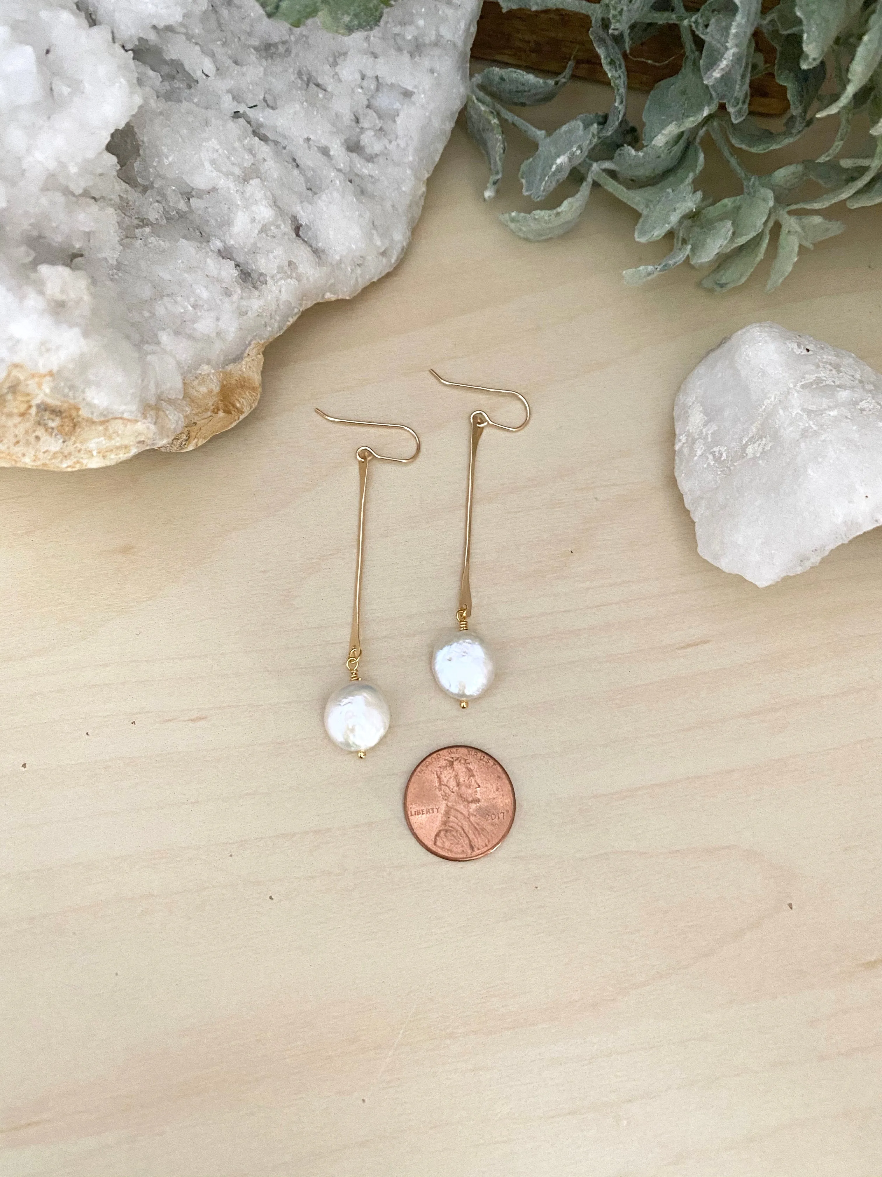 Stick and Circle -  White Coin Pearl Earrings on Gold Fill Sticks
