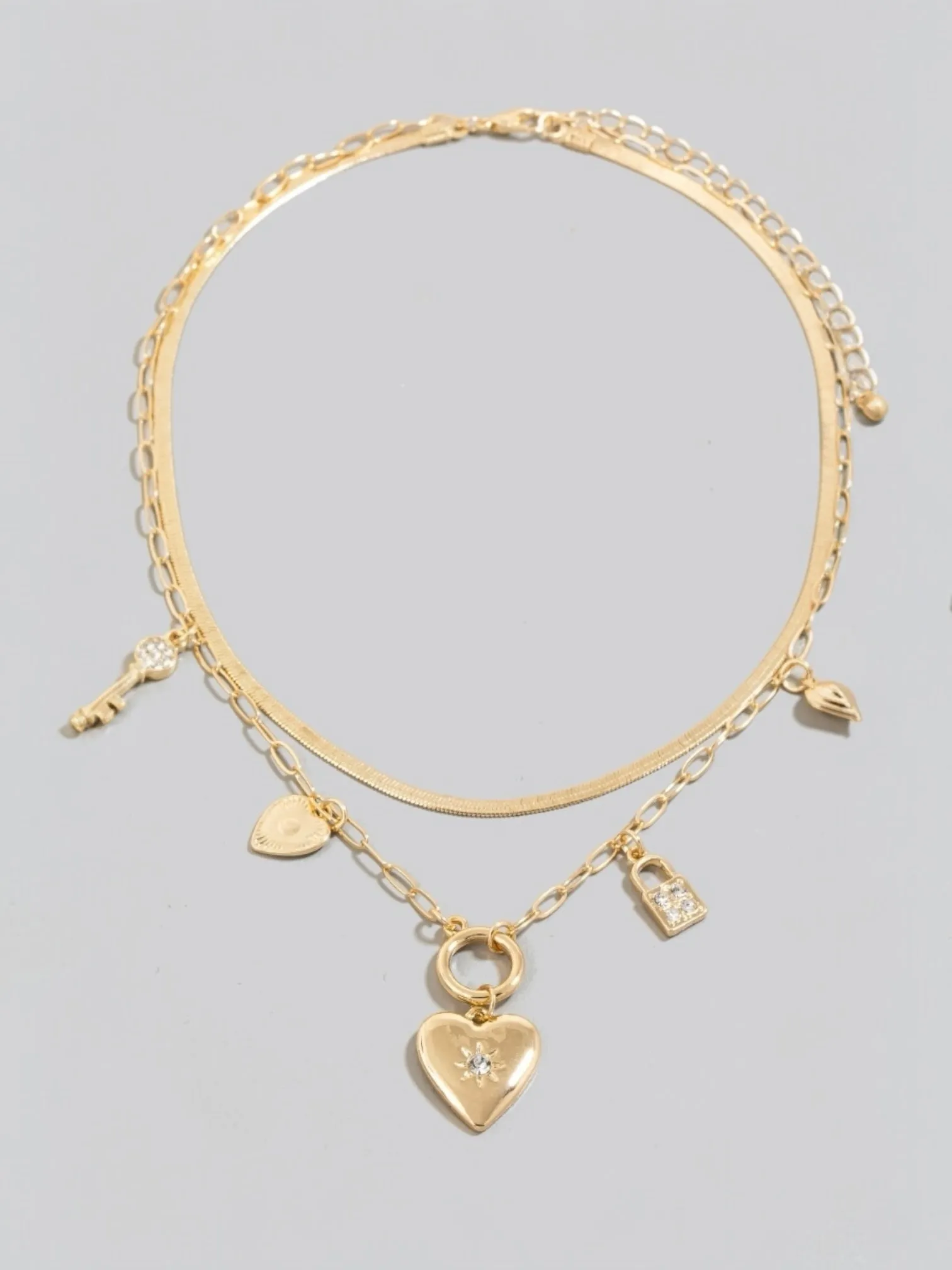 Studded Heart And Lock Charms Chain Necklace