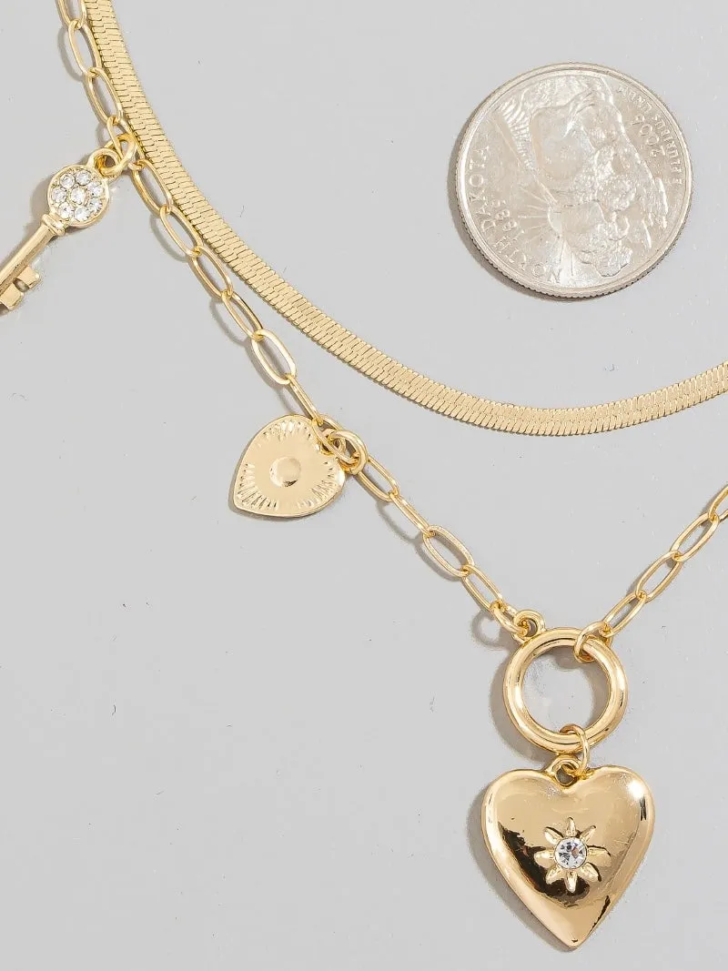 Studded Heart And Lock Charms Chain Necklace