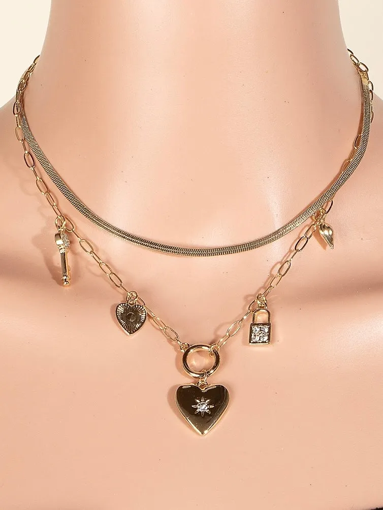 Studded Heart And Lock Charms Chain Necklace