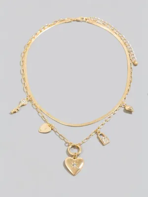 Studded Heart And Lock Charms Chain Necklace