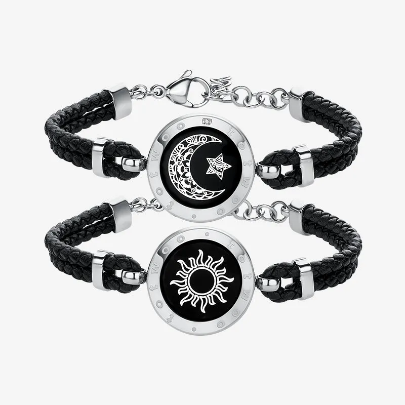 Sun&Moon Touch Bracelets with Braided Leather Rope(Black Black)