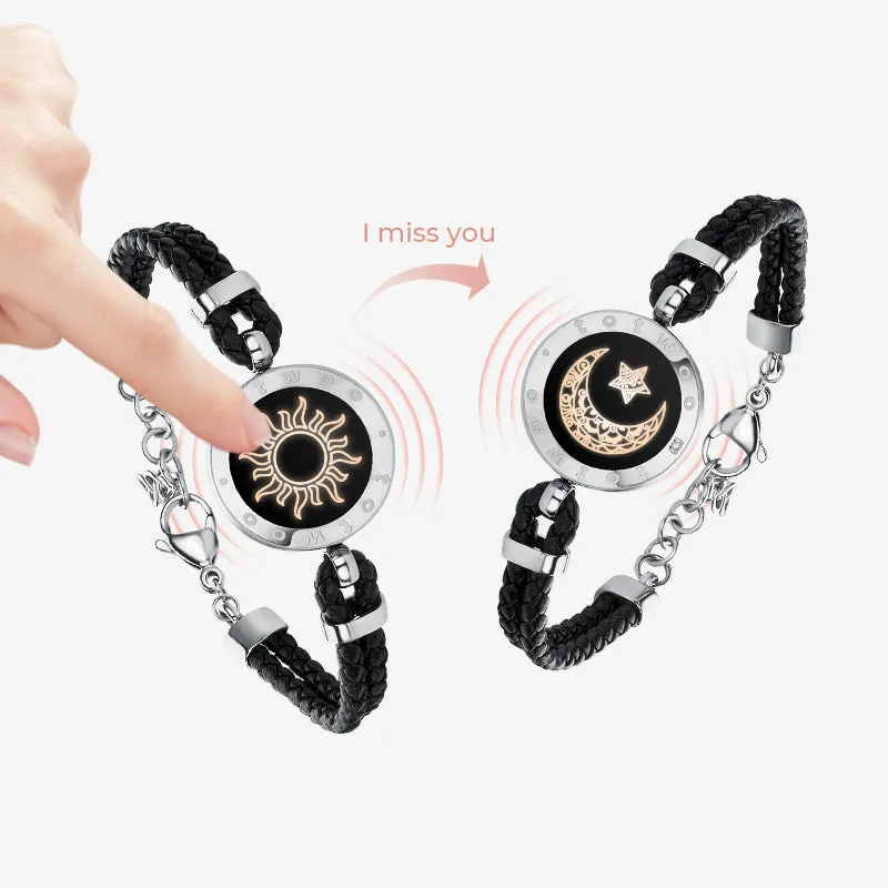 Sun&Moon Touch Bracelets with Braided Leather Rope(Black Black)