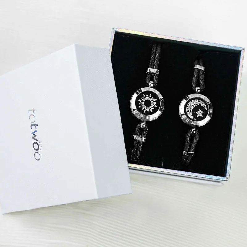 Sun&Moon Touch Bracelets with Braided Leather Rope(Black Black)