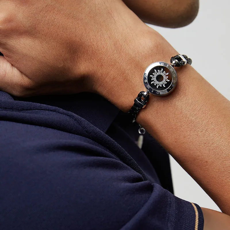 Sun&Moon Touch Bracelets with Braided Leather Rope(Black Black)