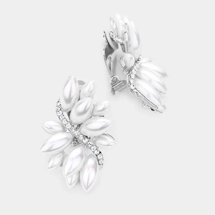 Swirl Pearl Marquise Crystal Silver Clip On Earrings