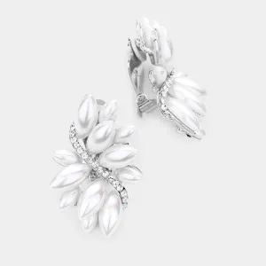 Swirl Pearl Marquise Crystal Silver Clip On Earrings