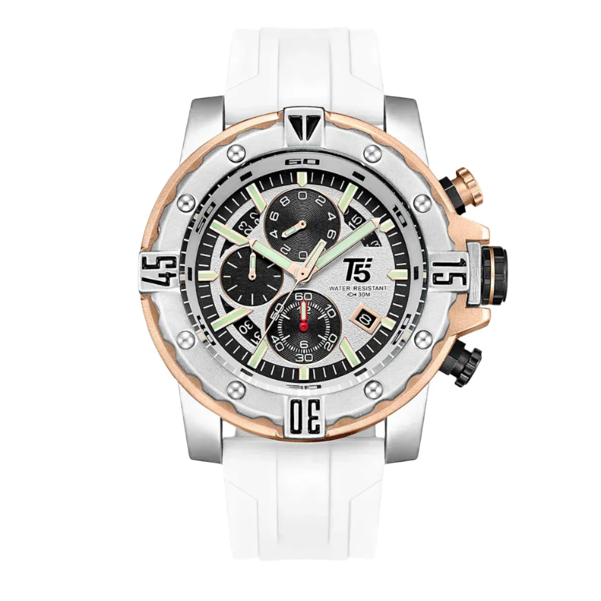 T5 White Silicone Strap White Dial Chronograph Quartz Watch for Gents - H3757G-A