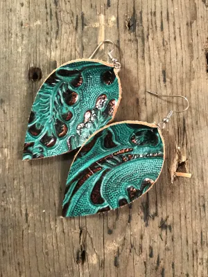 Teal and Copper Leather Earrings