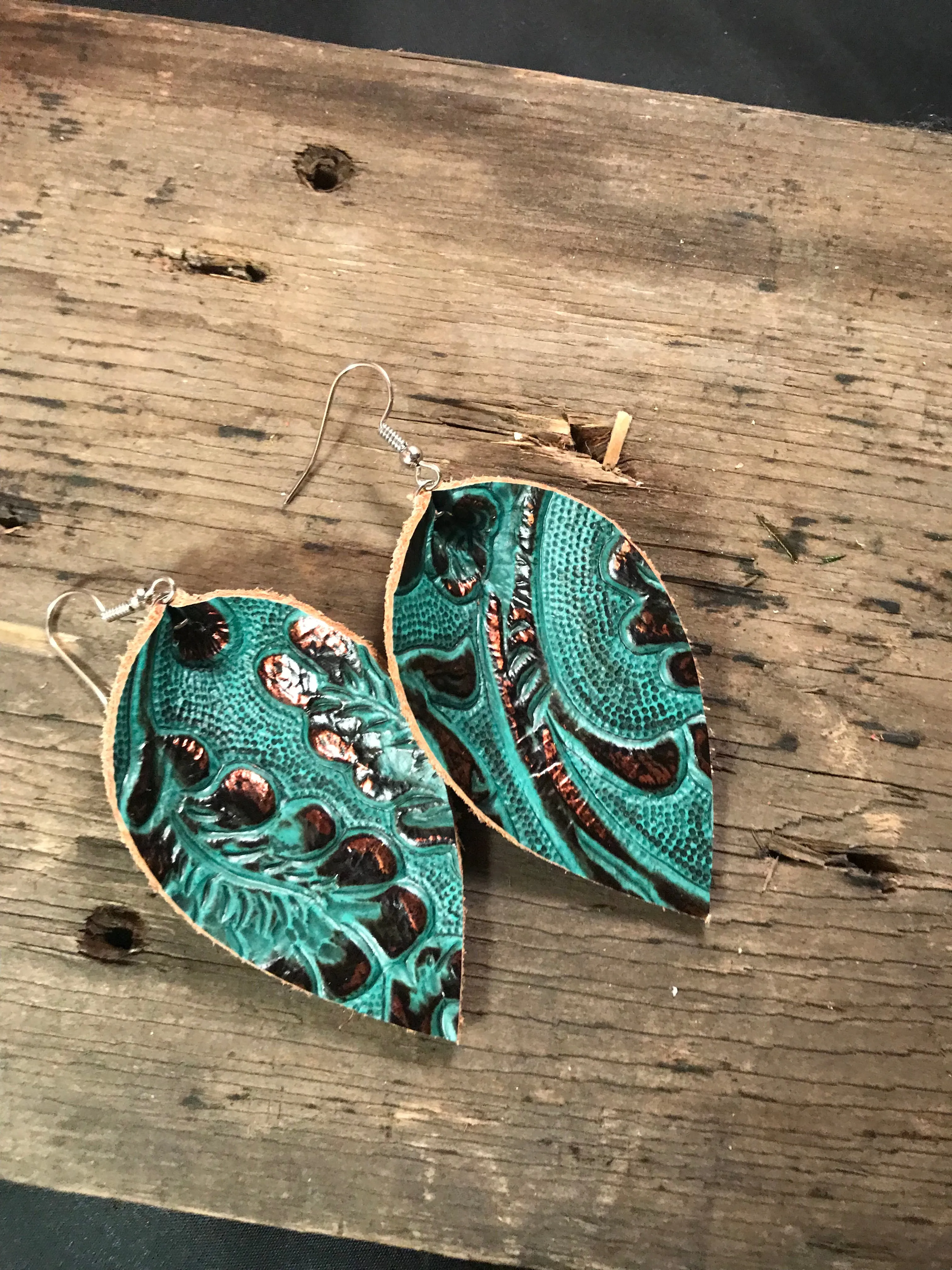 Teal and Copper Leather Earrings