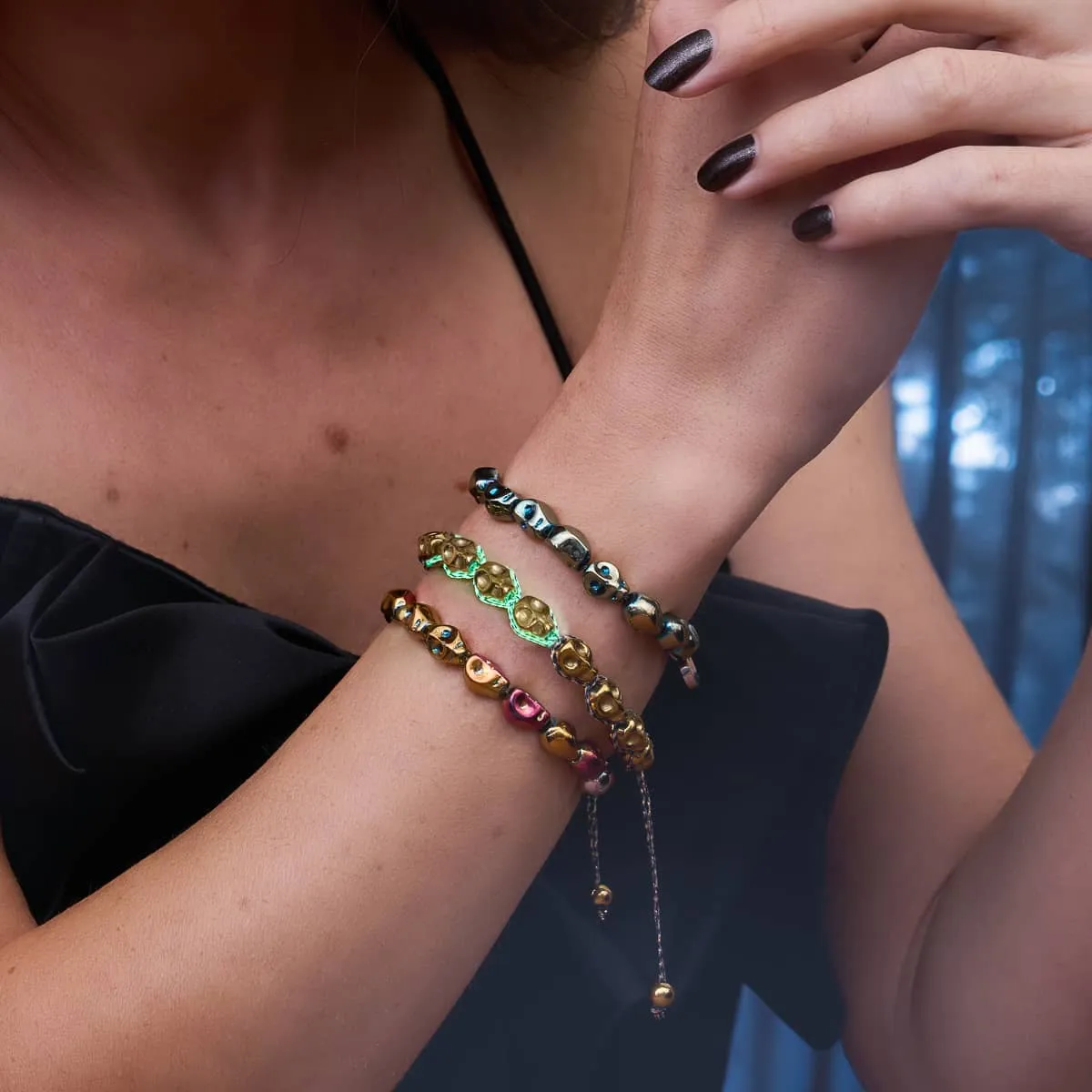 Tomb of Midas | Gold Skulls x Black GloWeave | Macrame Bracelet