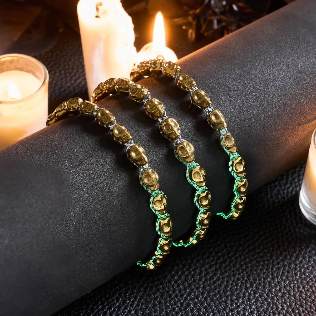 Tomb of Midas | Gold Skulls x Black GloWeave | Macrame Bracelet