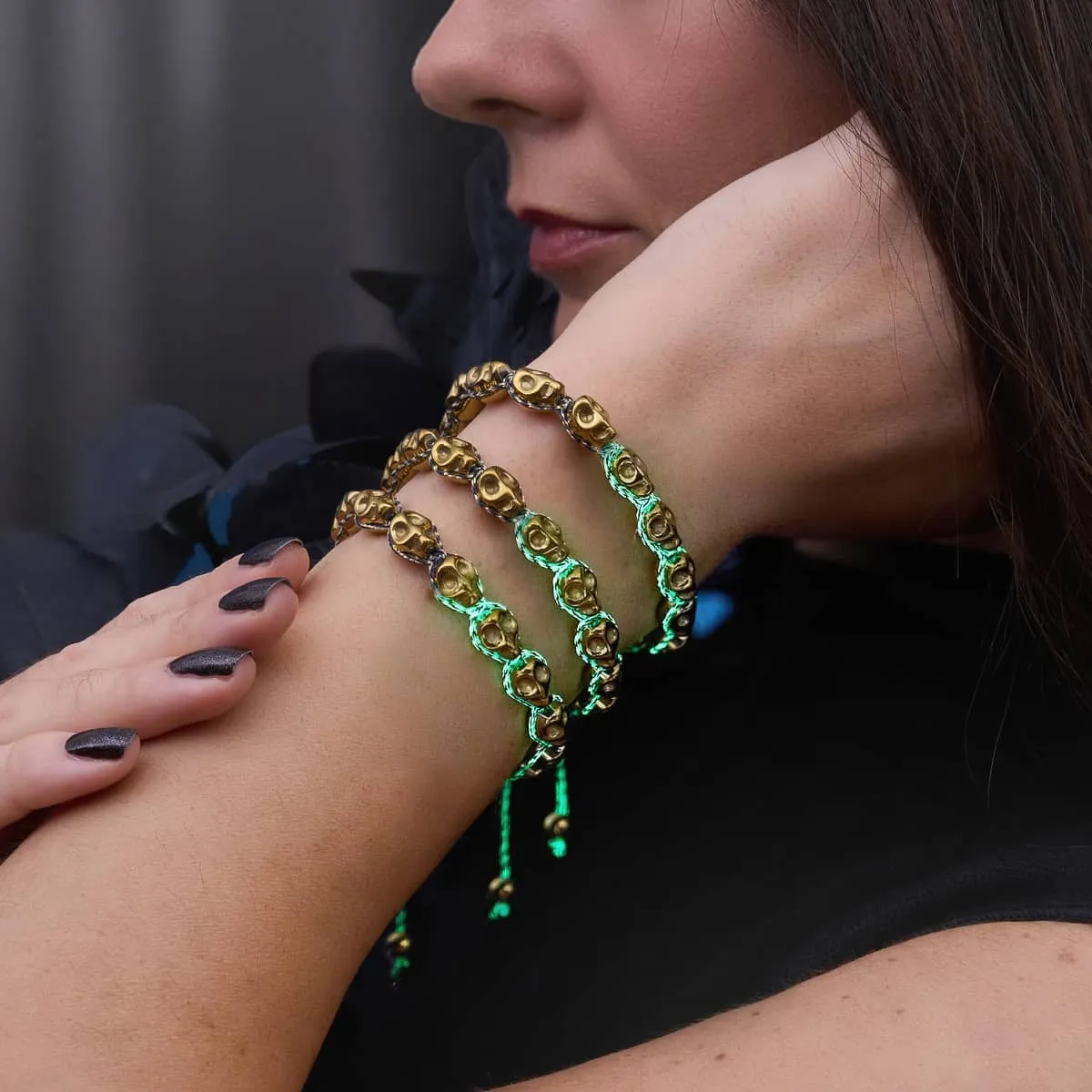 Tomb of Midas | Gold Skulls x Black GloWeave | Macrame Bracelet