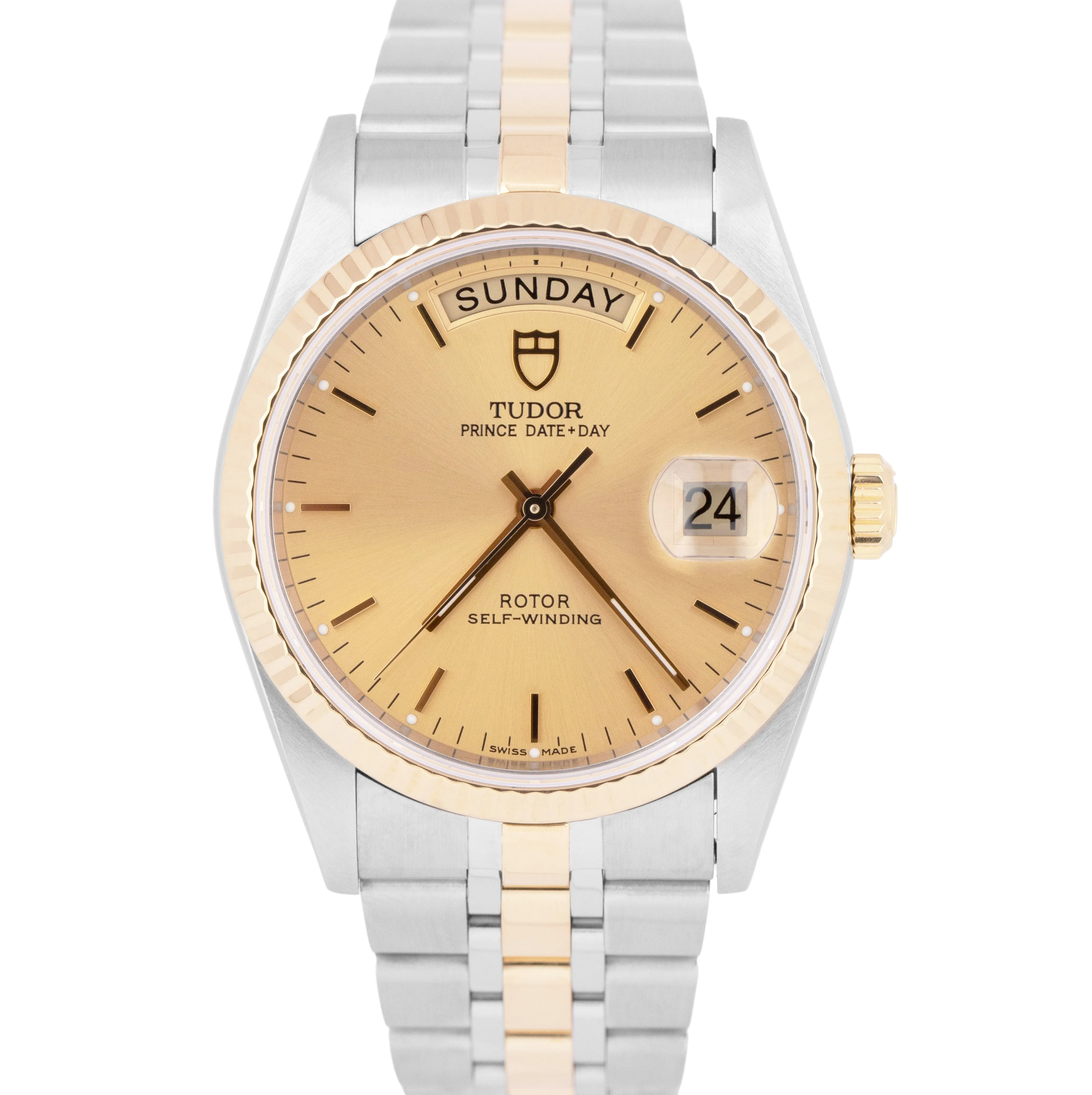 Tudor Prince Date-Day PAPERS Champagne Dial 18K Gold Steel 36mm 76213 Watch B P