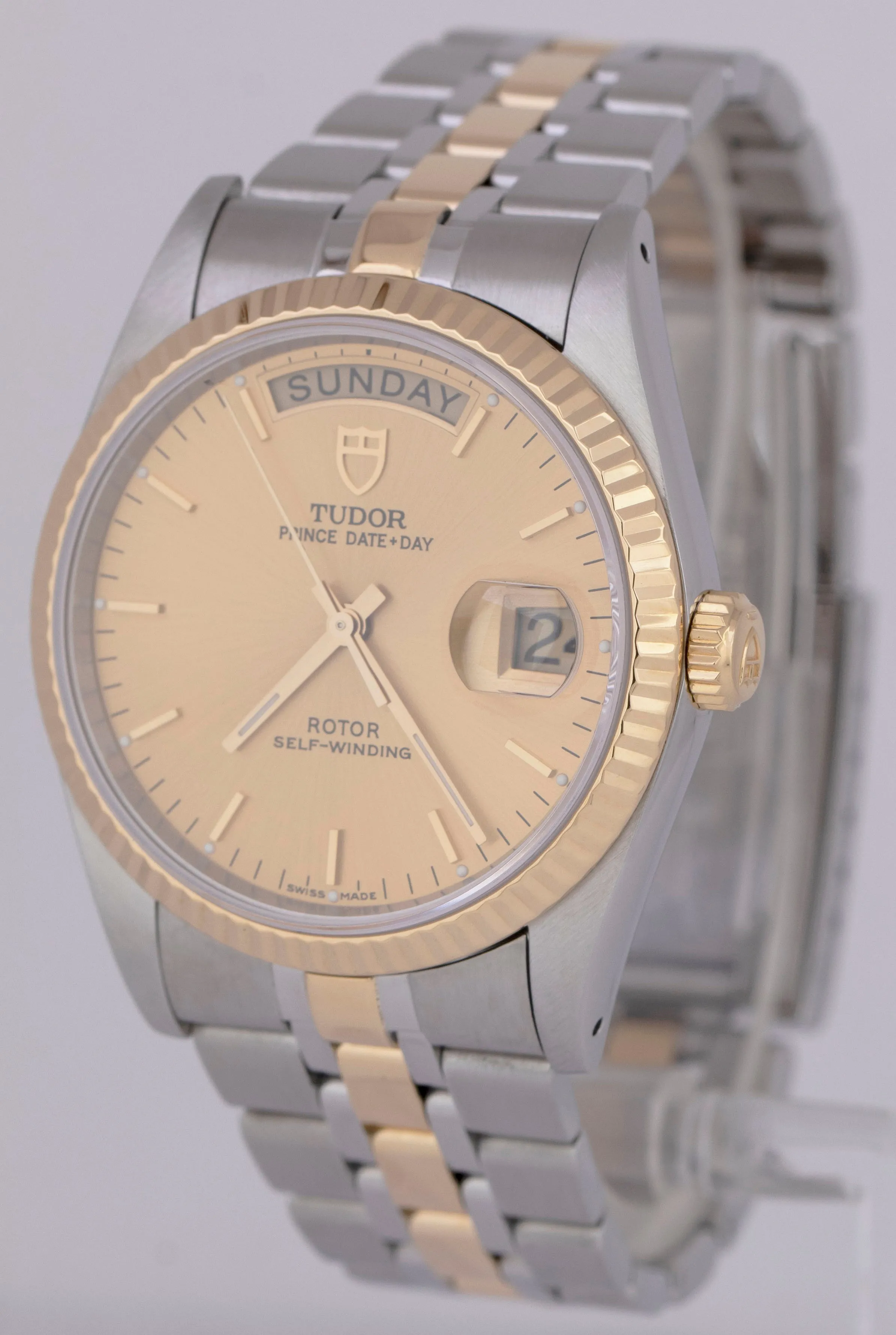 Tudor Prince Date-Day PAPERS Champagne Dial 18K Gold Steel 36mm 76213 Watch B P