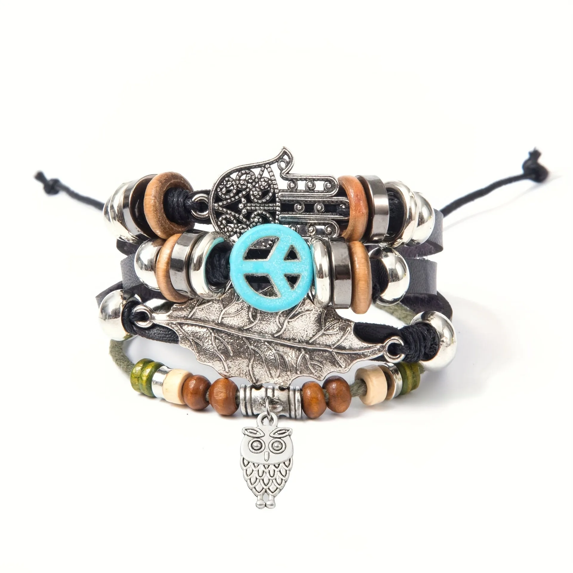 Turquoise Braided Leather Bead Bracelet Wooden Pendant DIY Couple Style