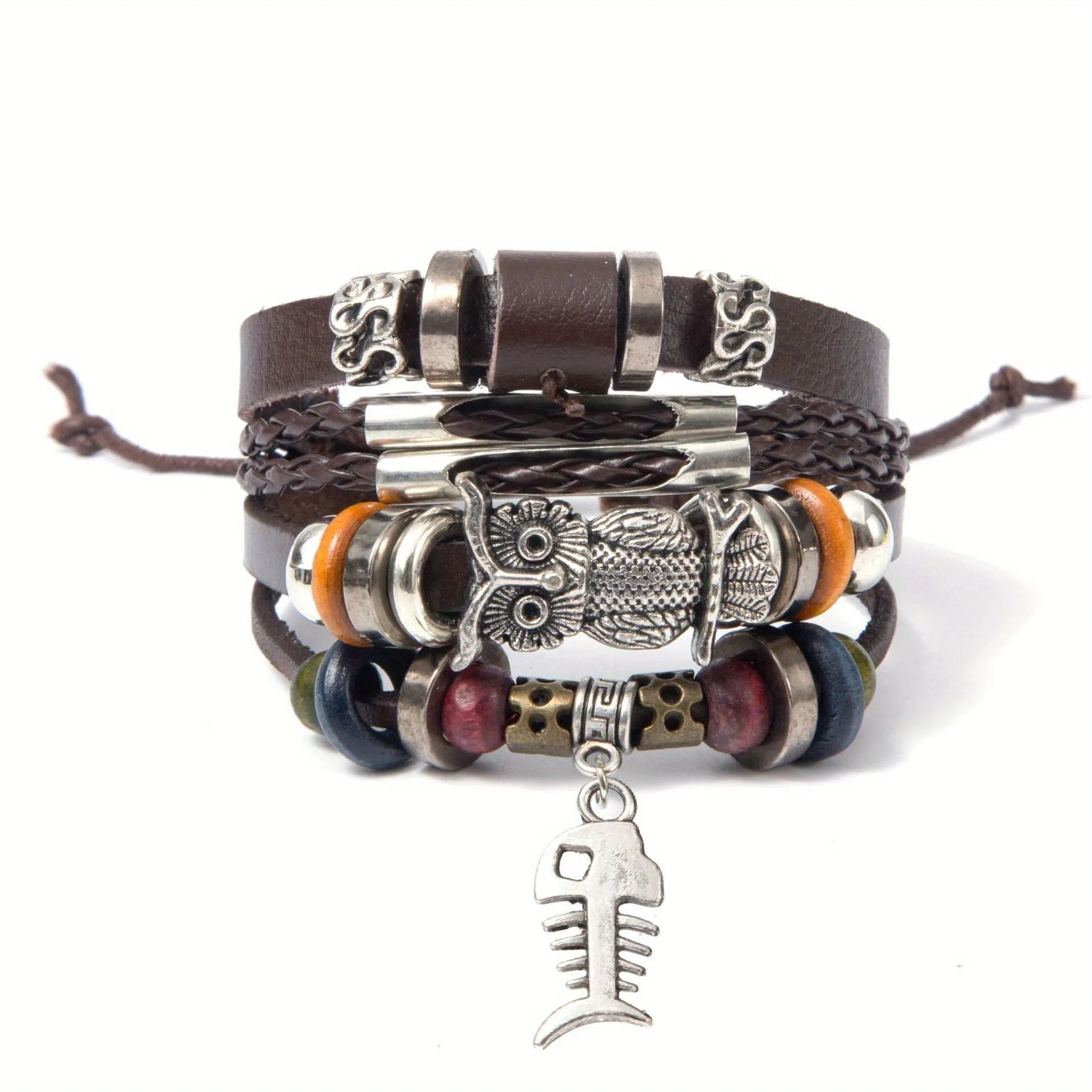 Turquoise Braided Leather Bead Bracelet Wooden Pendant DIY Couple Style