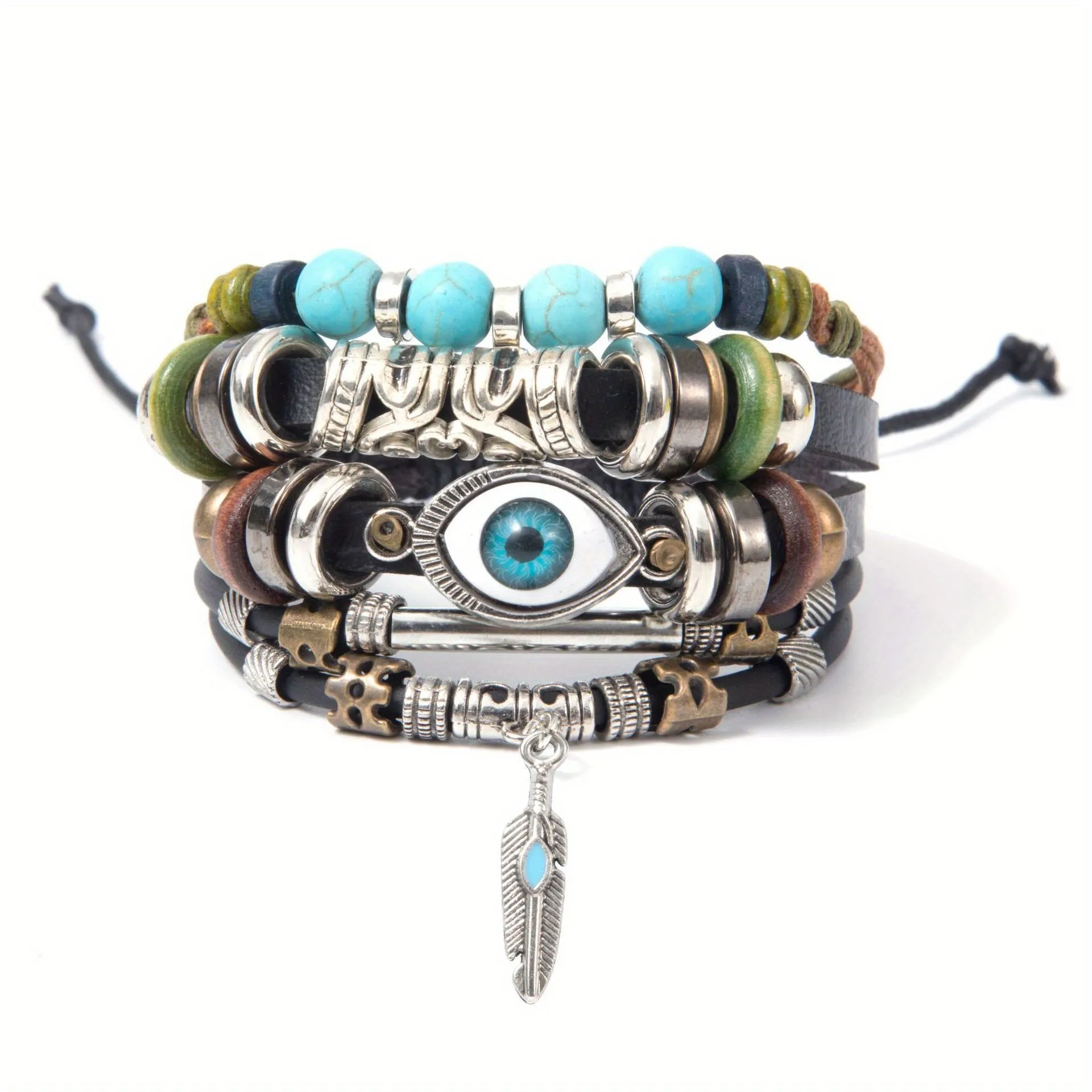 Turquoise Braided Leather Bead Bracelet Wooden Pendant DIY Couple Style