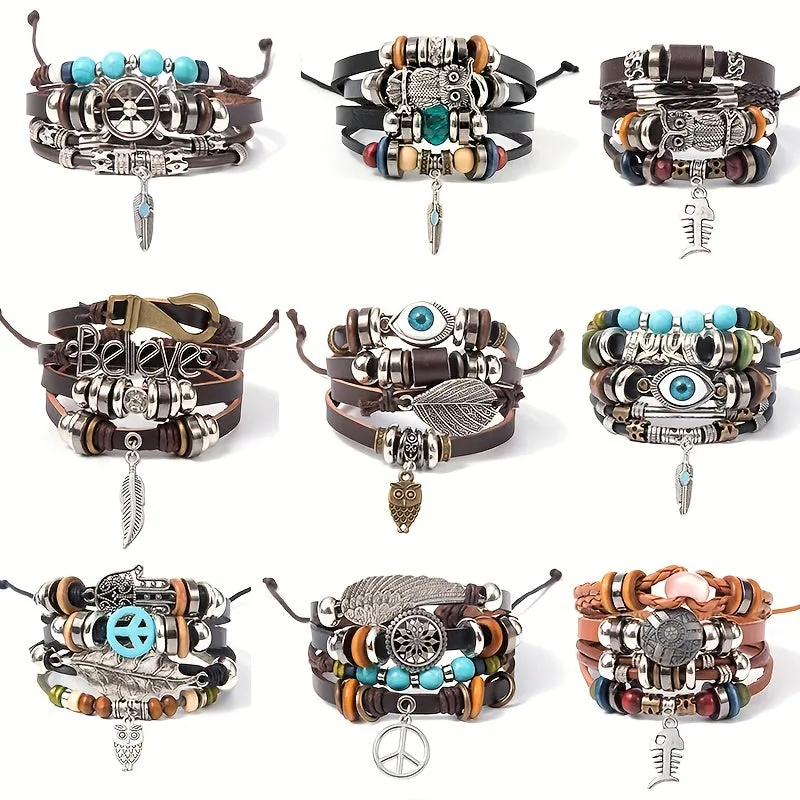 Turquoise Braided Leather Bead Bracelet Wooden Pendant DIY Couple Style