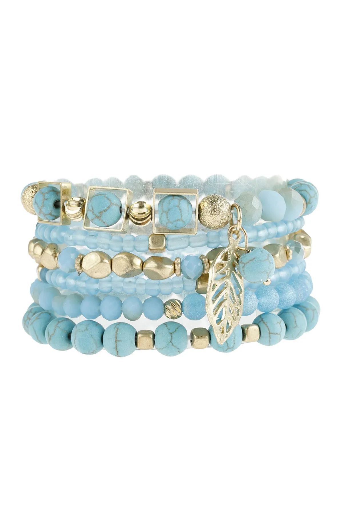 Turquoise Natural Stone Mixed Beads Leaf Charm Bracelet - Pack of 6