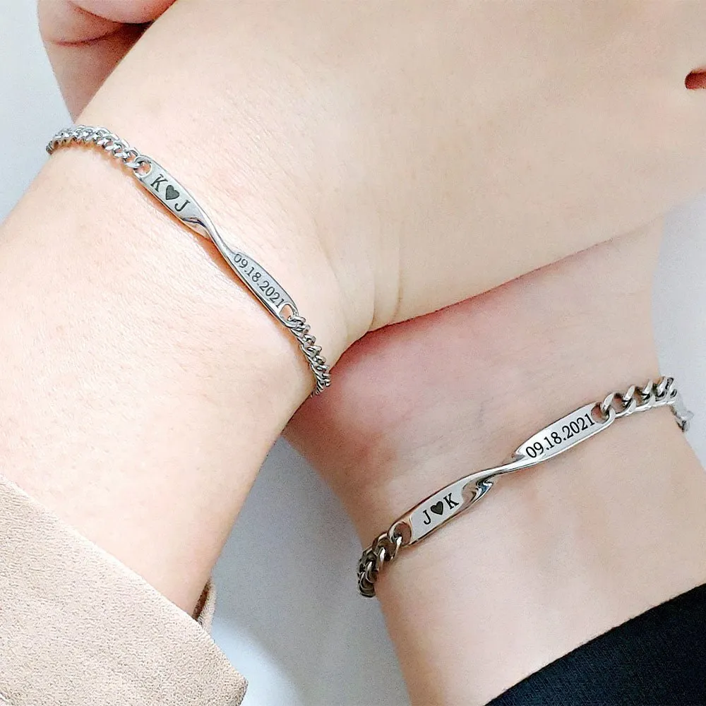 Twisted Name & Date Couples Bracelets