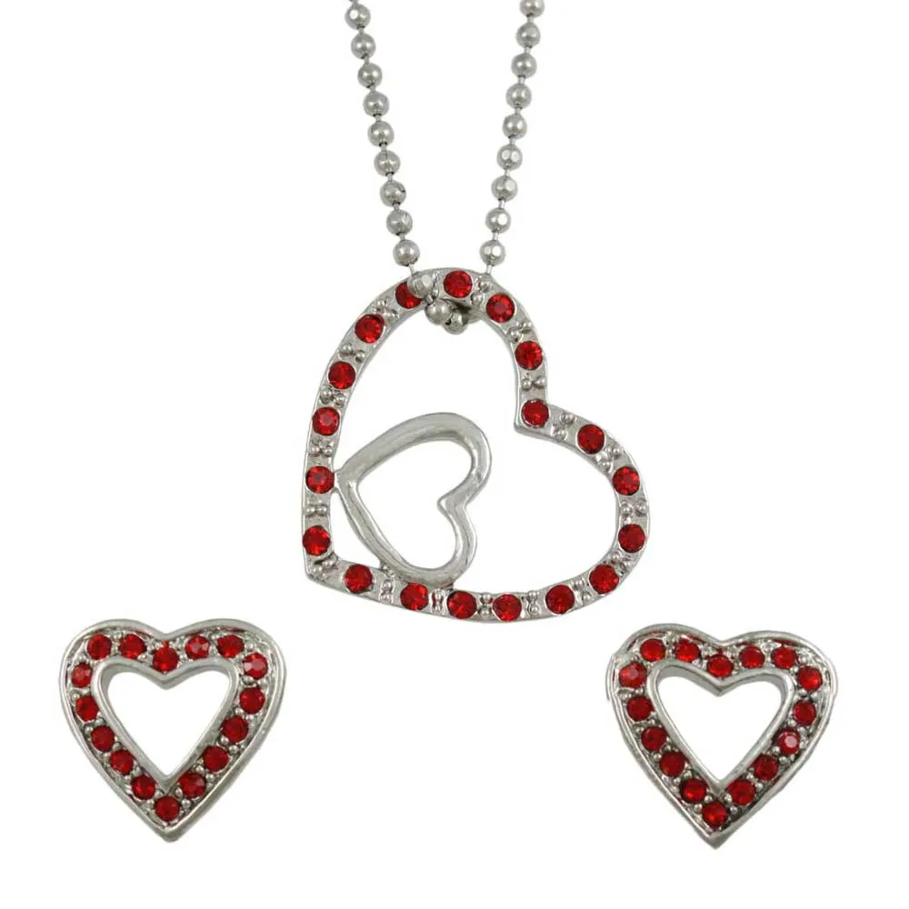 Two Hearts as One Necklace and Heart Earring Set - RSN649BS