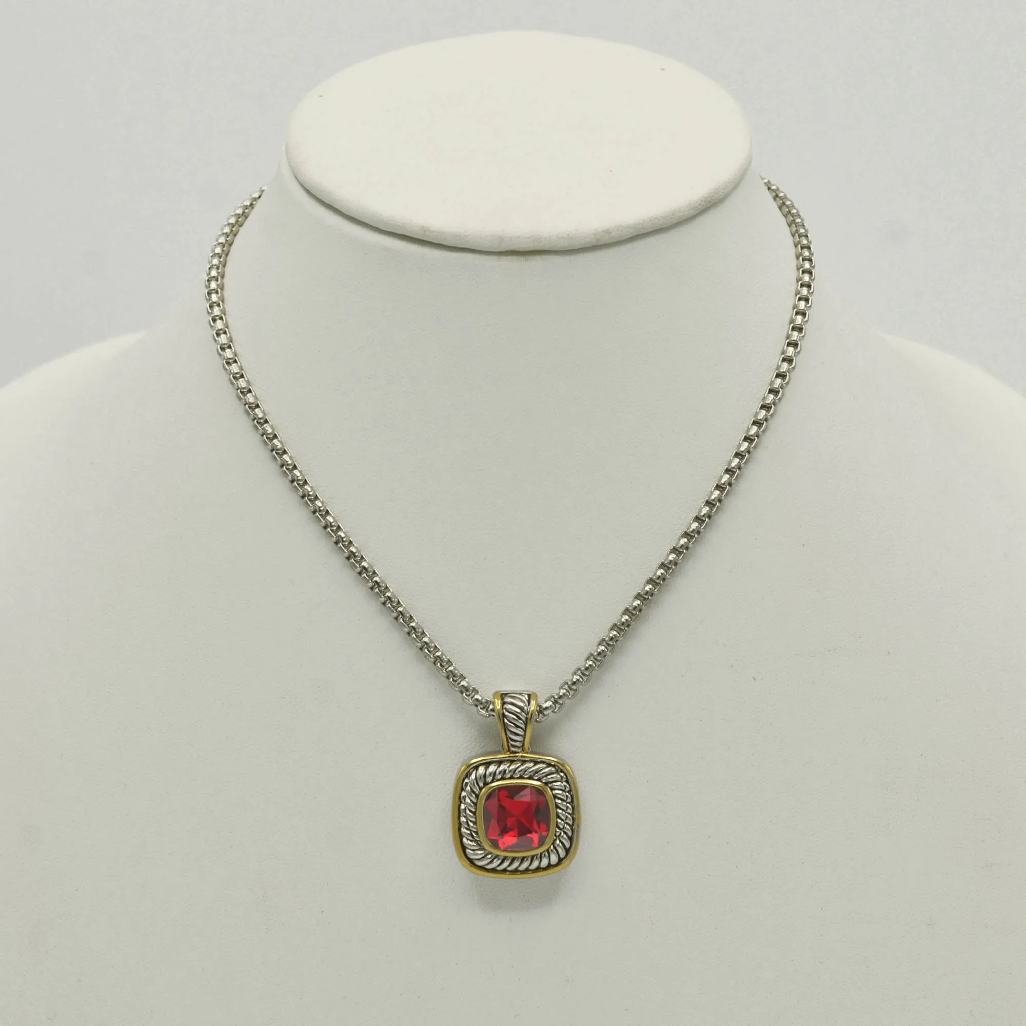 TWO TONE RED SIAM CRYSTAL SQUARE PENDANT BOX CHAIN NECKLACE #73014EH-SIAM(FE10)