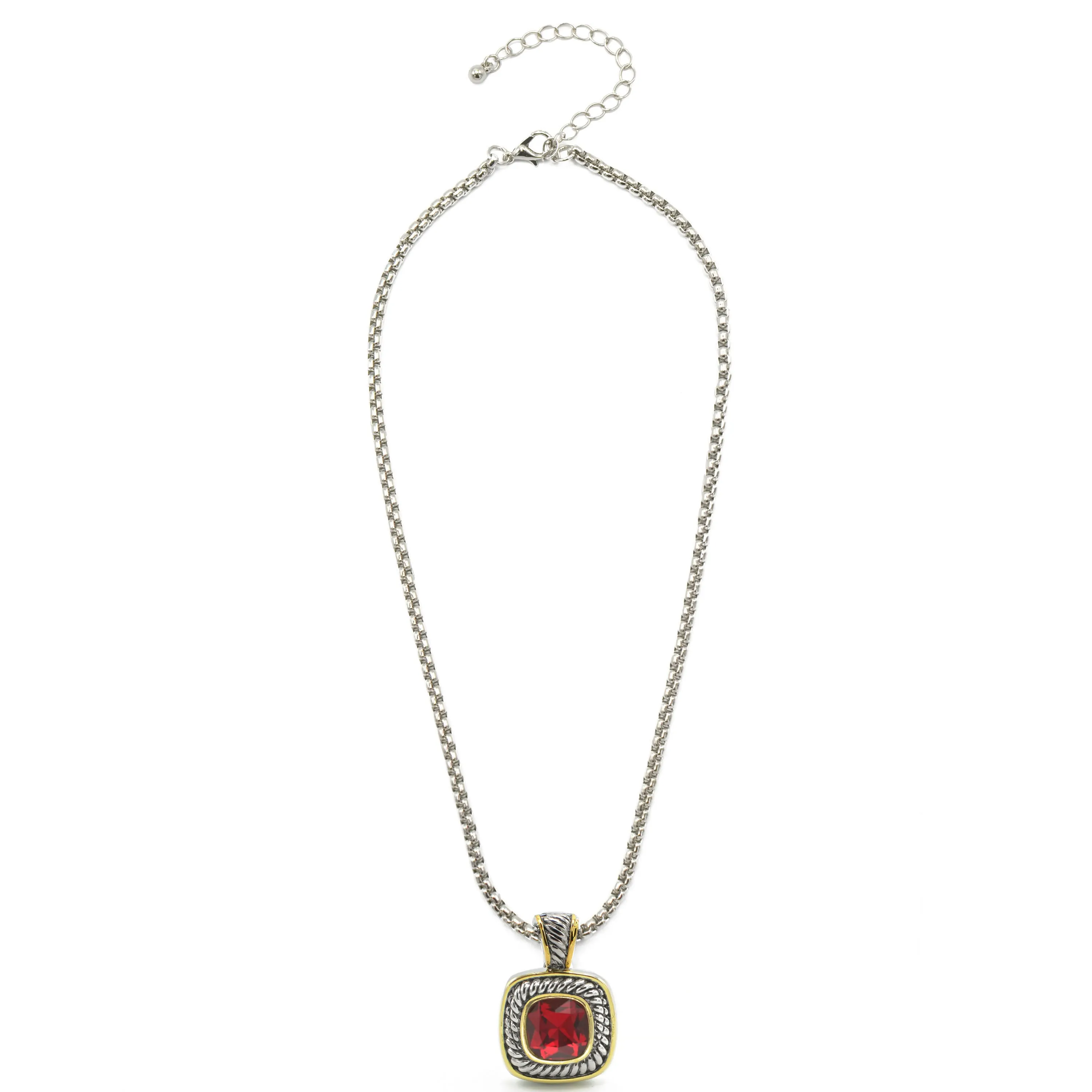 TWO TONE RED SIAM CRYSTAL SQUARE PENDANT BOX CHAIN NECKLACE #73014EH-SIAM(FE10)