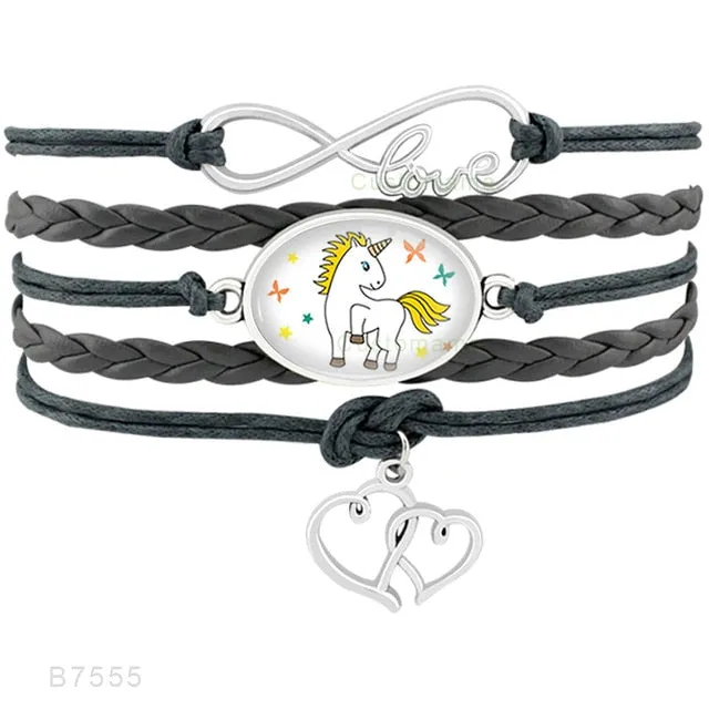 Unicorn Horse Bracelets Animal Heart Infinity Love 18*25mm Dome Cabochon Charm Leather Jewelry  Women Men Girl Boy Unisex Gift