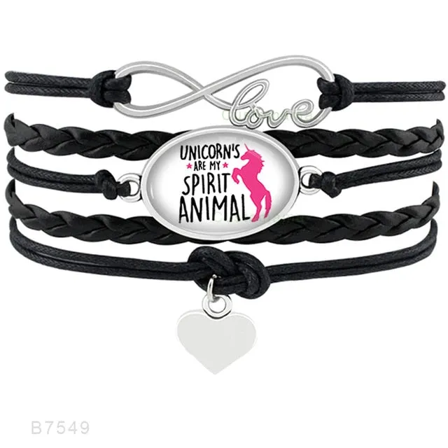 Unicorn Horse Bracelets Animal Heart Infinity Love 18*25mm Dome Cabochon Charm Leather Jewelry  Women Men Girl Boy Unisex Gift