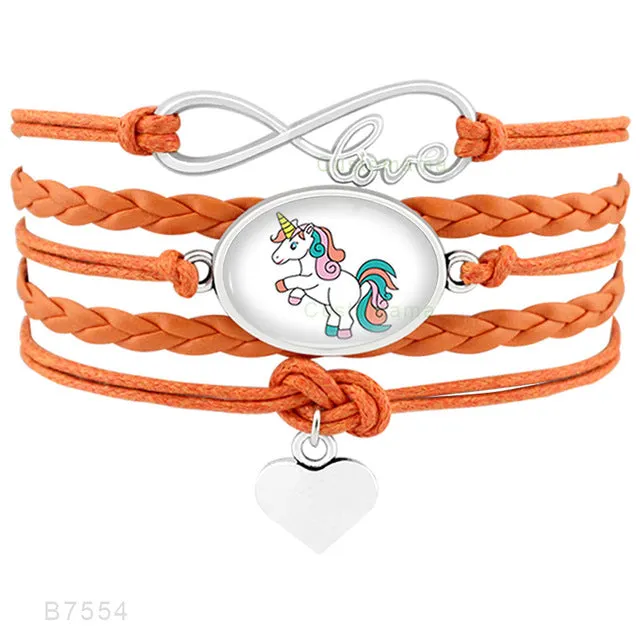 Unicorn Horse Bracelets Animal Heart Infinity Love 18*25mm Dome Cabochon Charm Leather Jewelry  Women Men Girl Boy Unisex Gift