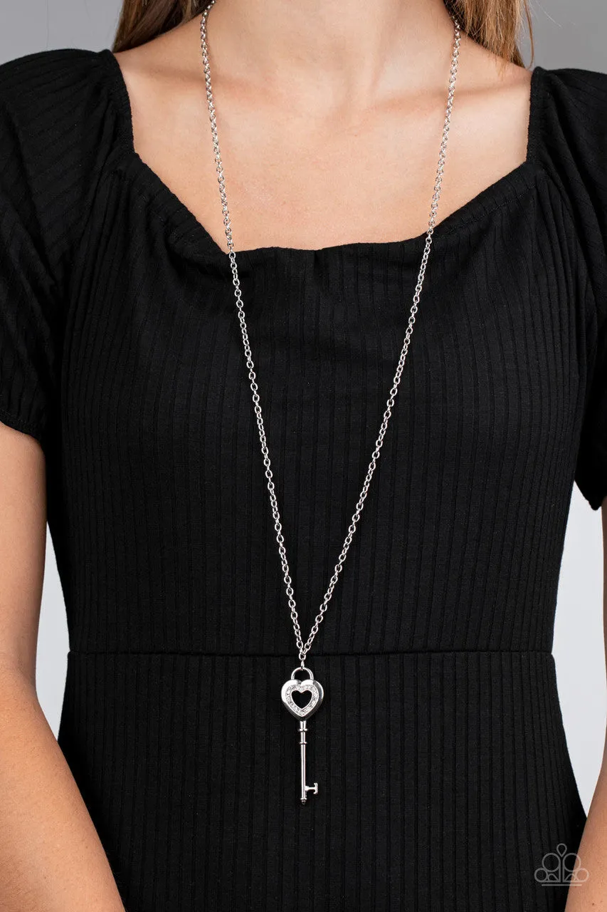 Unlock Your Heart - White - Rhinestone Heart Key Paparazzi Long Necklace